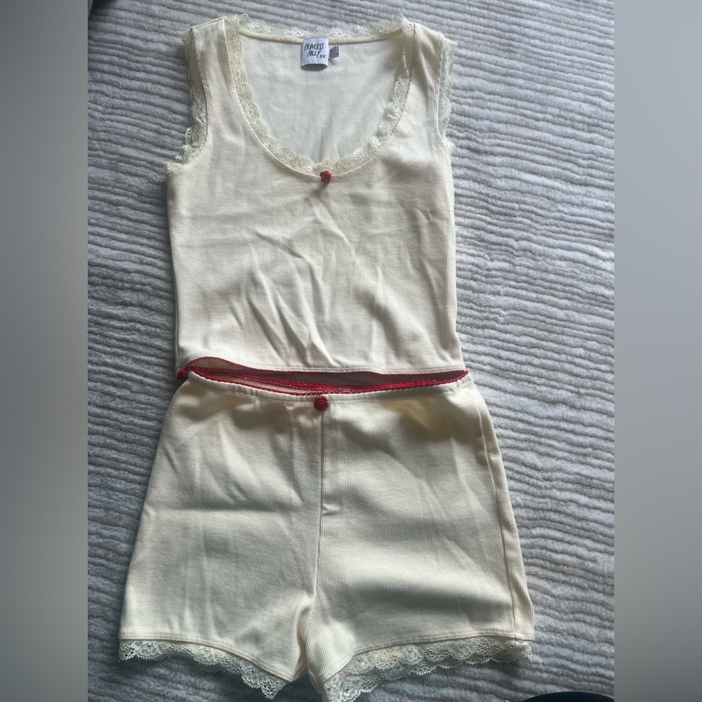 Princess Polly Cream and Pink Lace Pajama Set